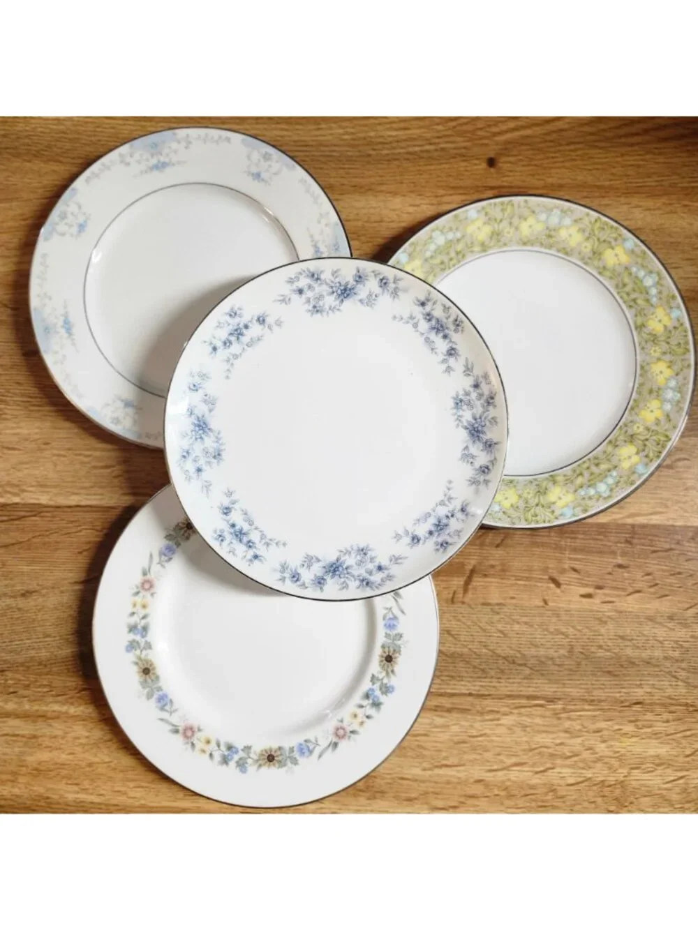 Mismatched Lunch Plates Colorful Florals Silver Rims 7.5